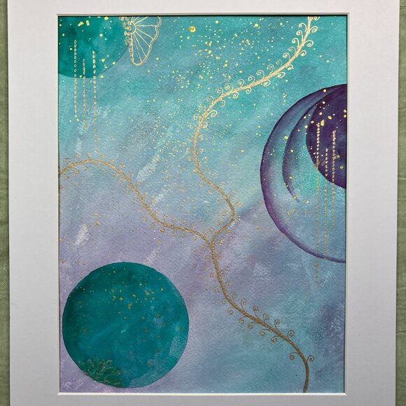 Abstract Original Watercolor Gold Leaf Floral Green & Purple Painting, 9x12 - Picture 4 of 13